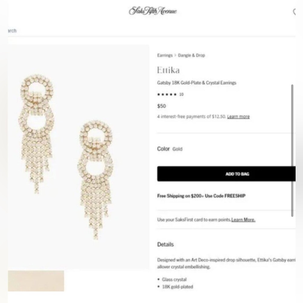 Ettika Rhinestone Gatsby Designed with an Art Deco-inspired 18K Gold-Plate &NWT